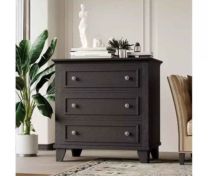 3 Drawer Dresser for Bedroom, Black Wood Chest of Drawers Bedroom Dresser, Rustic Small Drawers Dressers Nightstand Wooden Closet Storage Cabinet