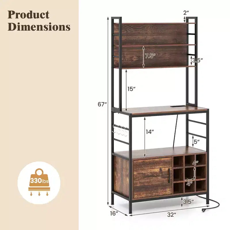Meuble de rangement de cuisine Costway 67 avec prises électriques, meuble de bar à café avec crochets en S