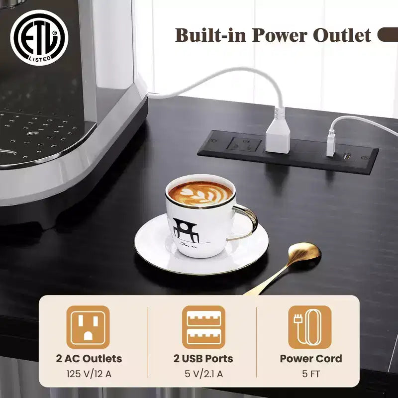Meuble de rangement de cuisine Costway 67 avec prises électriques, meuble de bar à café avec crochets en S