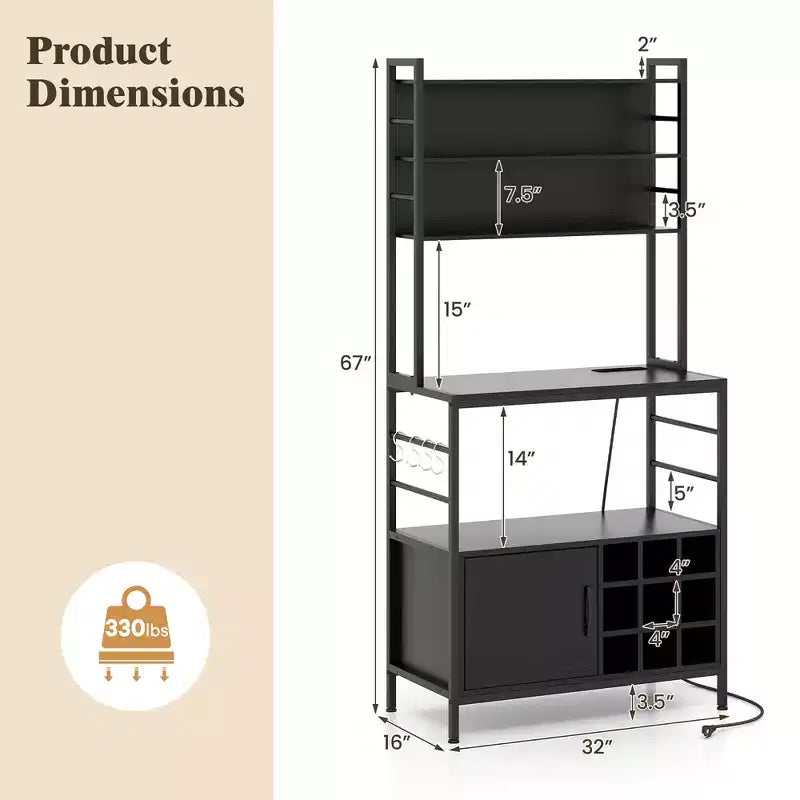 Meuble de rangement de cuisine Costway 67 avec prises électriques, meuble de bar à café avec crochets en S