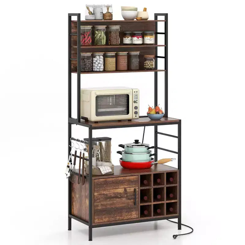 Meuble de rangement de cuisine Costway 67 avec prises électriques, meuble de bar à café avec crochets en S