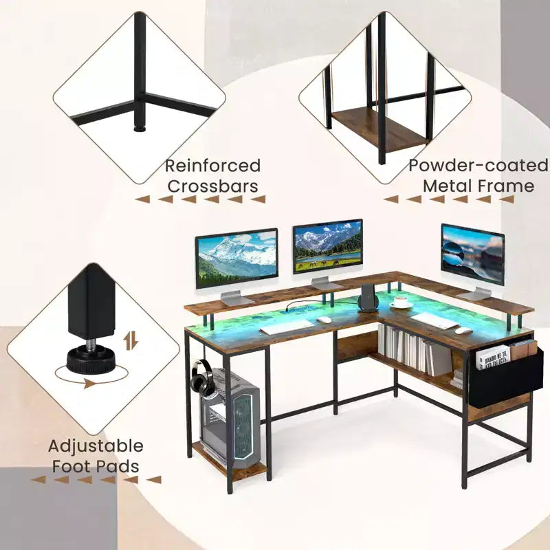Bureau de jeu en L Costway avec lumières LED, prises électriques, support d'écran et pochette en tissu