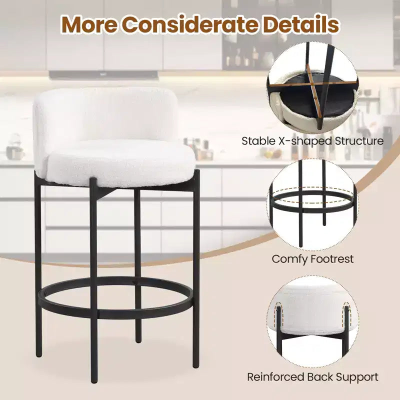 Lot de 2 tabourets de bar Costway en tissu bouclette avec dossier incurvé, structure en métal et repose-pieds confortable