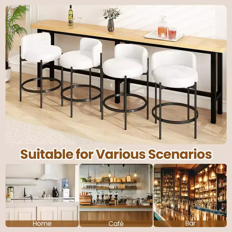 Lot de 2 tabourets de bar Costway en tissu bouclette avec dossier incurvé, structure en métal et repose-pieds confortable