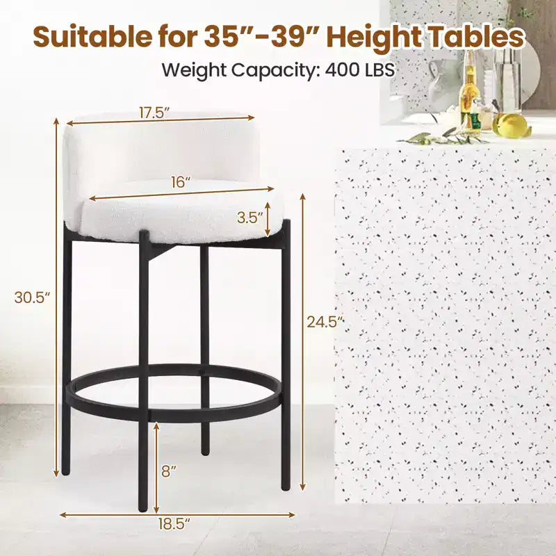 Lot de 2 tabourets de bar Costway en tissu bouclette avec dossier incurvé, structure en métal et repose-pieds confortable