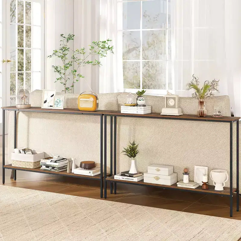 Costway 44 Narrow Entryway Table Console Table w/ Shelf & Dual Anti-Tipping Kits Brown & Black