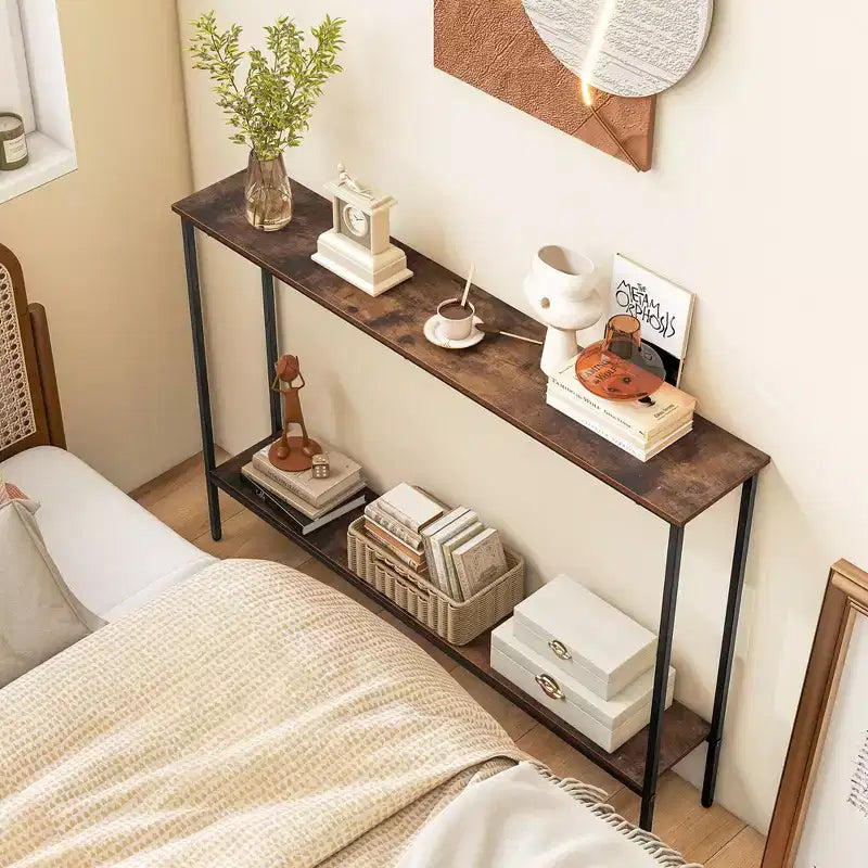 Costway 44 Narrow Entryway Table Console Table w/ Shelf & Dual Anti-Tipping Kits Brown & Black