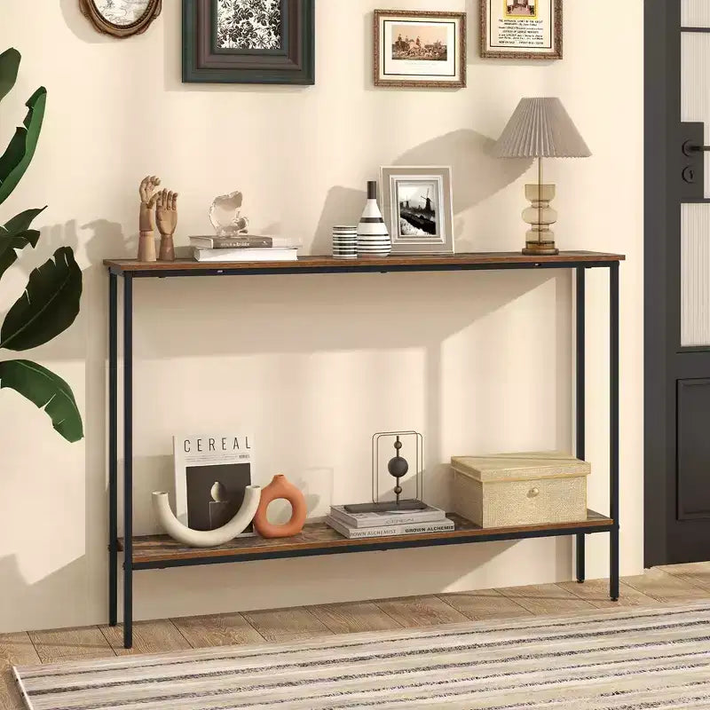 Costway 44 Narrow Entryway Table Console Table w/ Shelf & Dual Anti-Tipping Kits Brown & Black