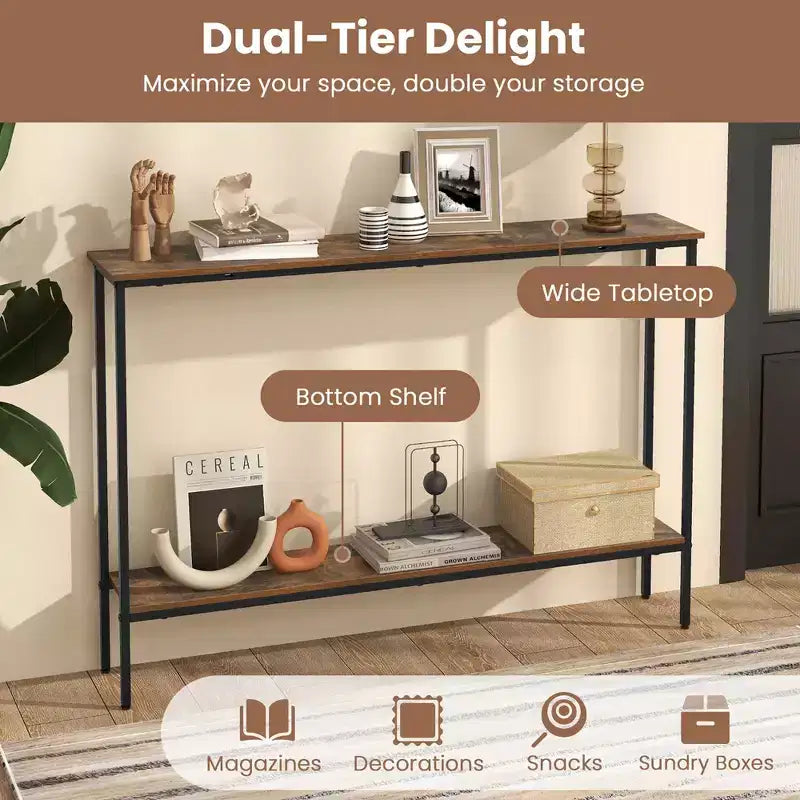 Costway 44 Narrow Entryway Table Console Table w/ Shelf & Dual Anti-Tipping Kits Brown & Black