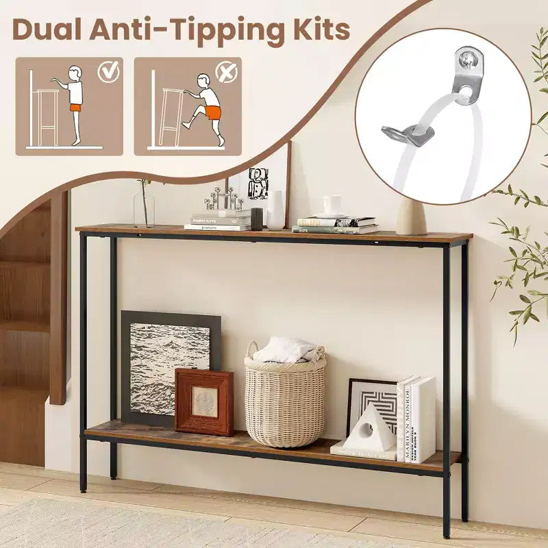 Costway 44 Narrow Entryway Table Console Table w/ Shelf & Dual Anti-Tipping Kits Brown & Black