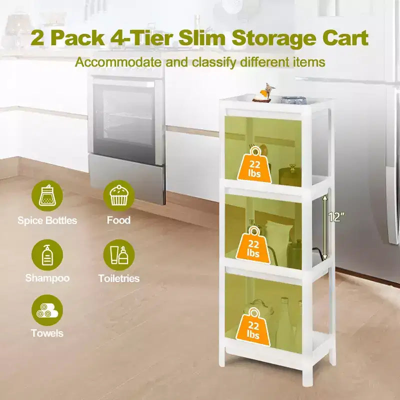 Costway 2PCS 4 Tier Slim Storage Cart Detachable Kitchen Organizer Utility Cart