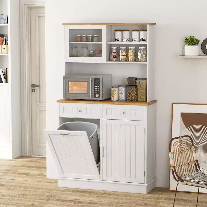 Costway Double Tilt Out Trash Cabinet w/ Hutch Kitchen Pantry Storage Cabinet White