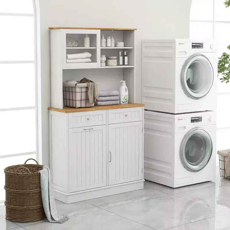 Costway Double Tilt Out Trash Cabinet w/ Hutch Kitchen Pantry Storage Cabinet White