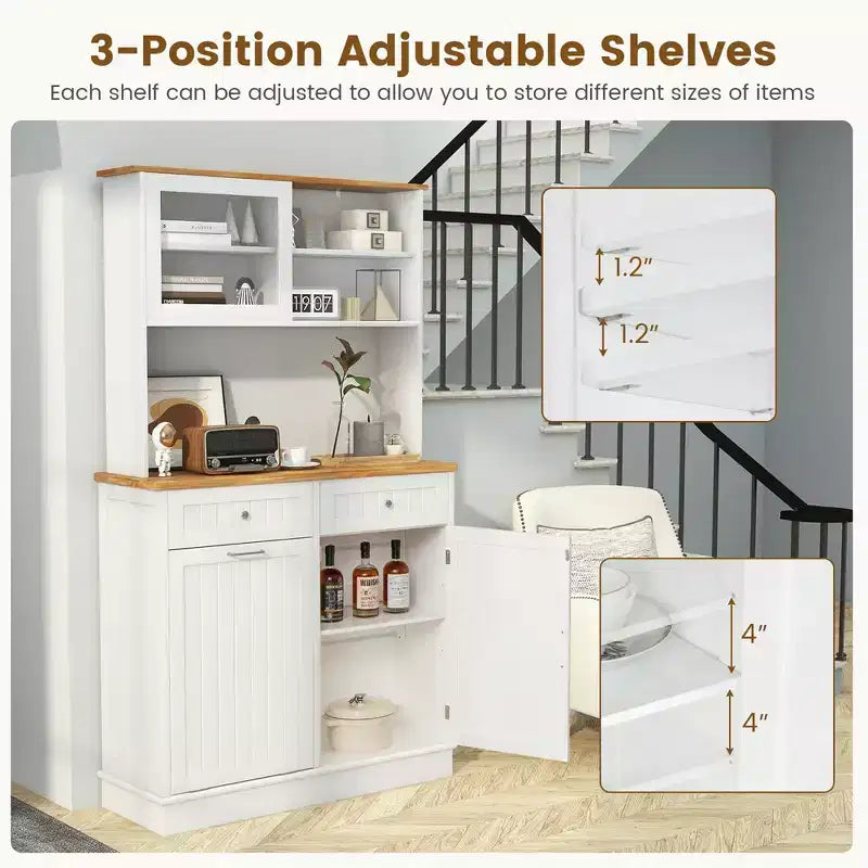 Costway Double Tilt Out Trash Cabinet w/ Hutch Kitchen Pantry Storage Cabinet White