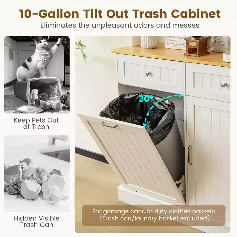 Costway Double Tilt Out Trash Cabinet w/ Hutch Kitchen Pantry Storage Cabinet White