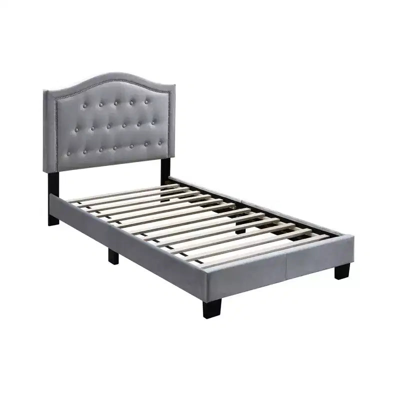 Royal Hampton Button Tufted Full Velvet Bed with Curved Headboard, Gray