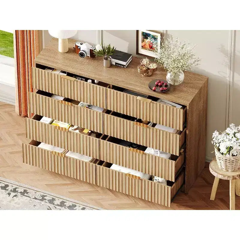 Commode Canelle pour Chambre, Commode Double 8 Tiroirs, Commode Moderne avec Poignées Métalliques, Commodes en Bois pour Salon Couloir
