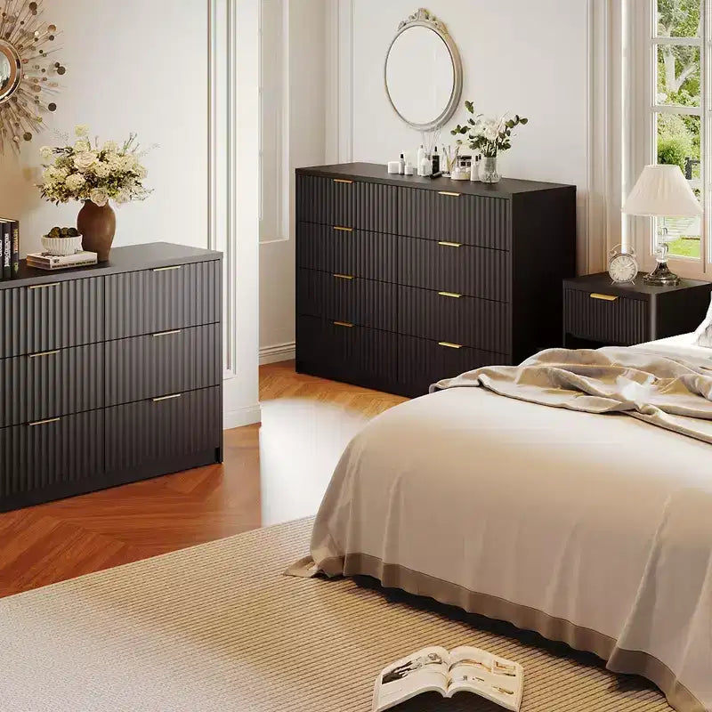 Commode Canelle pour Chambre, Commode Double 8 Tiroirs, Commode Moderne avec Poignées Métalliques, Commodes en Bois pour Salon Couloir