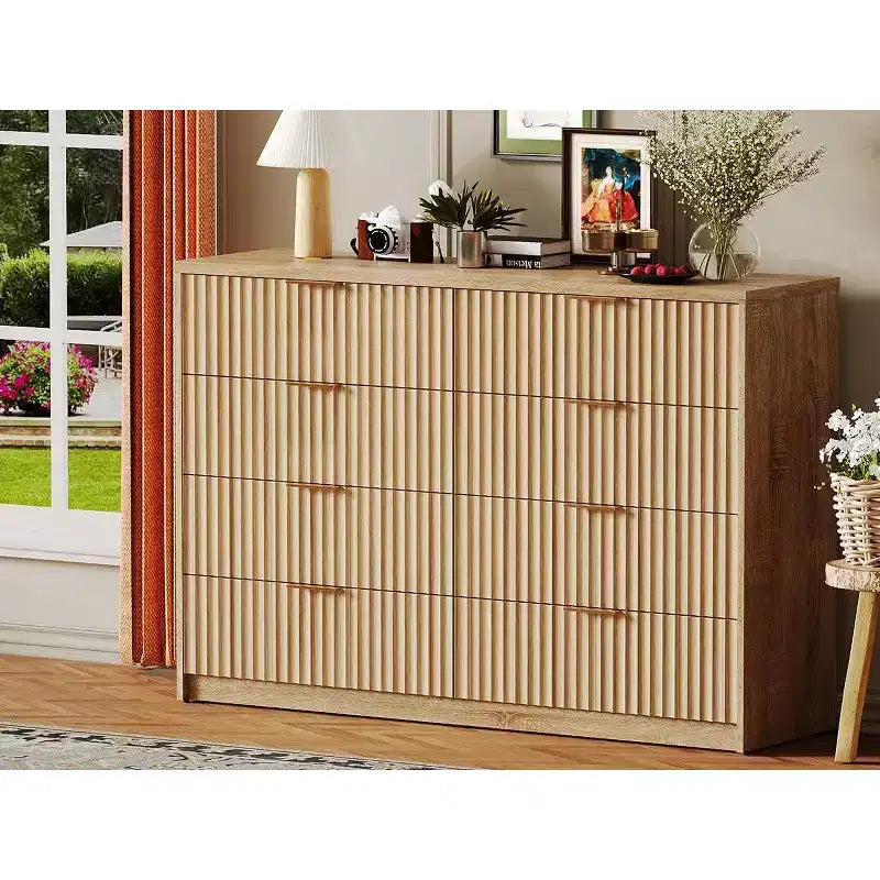 Commode Canelle pour Chambre, Commode Double 8 Tiroirs, Commode Moderne avec Poignées Métalliques, Commodes en Bois pour Salon Couloir