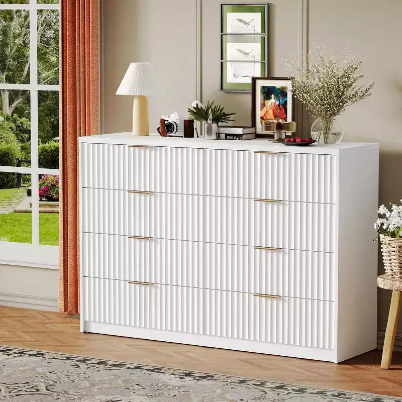 Commode Canelle pour Chambre, Commode Double 8 Tiroirs, Commode Moderne avec Poignées Métalliques, Commodes en Bois pour Salon Couloir