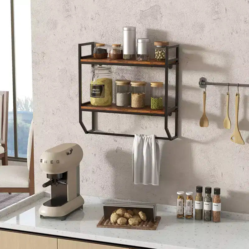 Costway 2-Tier Floating Shelving Wall-Mounted Shelf with Hanging Rod Expansion Screws & Metal Frame
