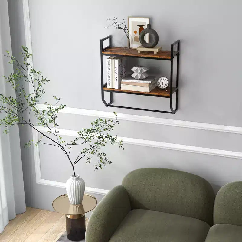 Costway 2-Tier Floating Shelving Wall-Mounted Shelf with Hanging Rod Expansion Screws & Metal Frame