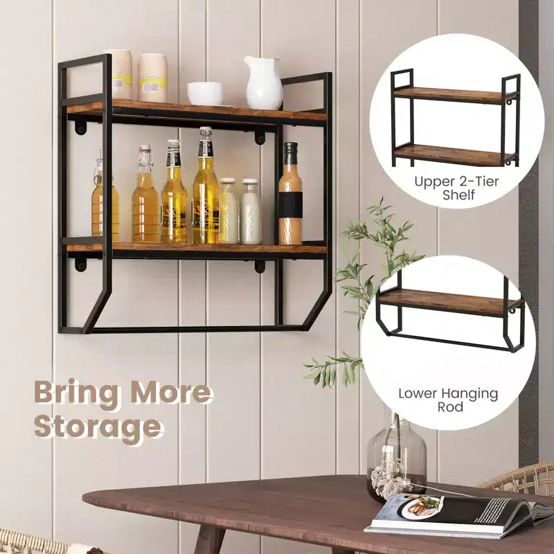 Costway 2-Tier Floating Shelving Wall-Mounted Shelf with Hanging Rod Expansion Screws & Metal Frame