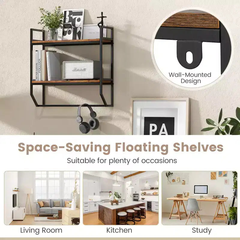 Costway 2-Tier Floating Shelving Wall-Mounted Shelf with Hanging Rod Expansion Screws & Metal Frame