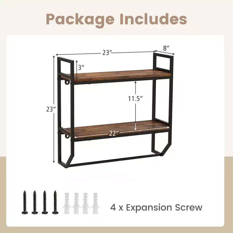 Costway 2-Tier Floating Shelving Wall-Mounted Shelf with Hanging Rod Expansion Screws & Metal Frame