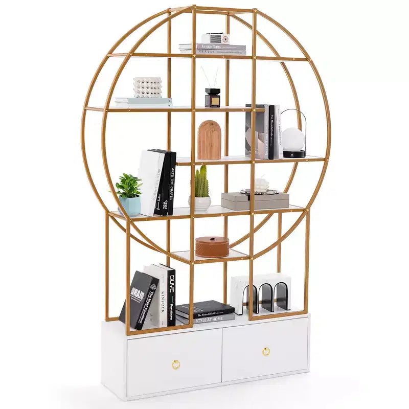 Costway 71 Tall Metal Bookcase 6-Tier Gold Bookshelf w/ 2 Storage Drawers Home Office