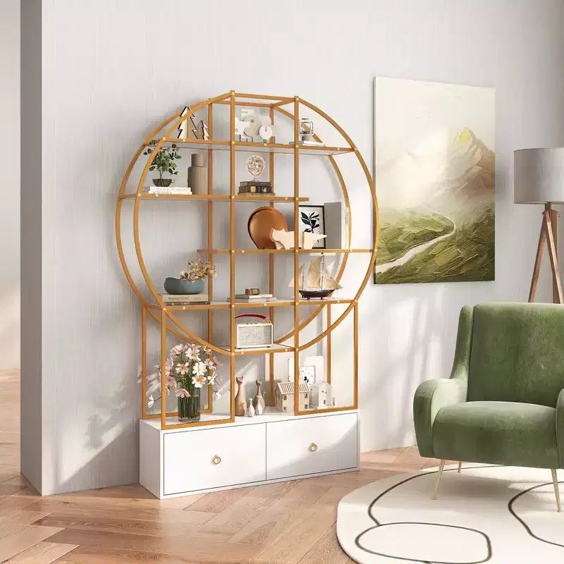 Costway 71 Tall Metal Bookcase 6-Tier Gold Bookshelf w/ 2 Storage Drawers Home Office