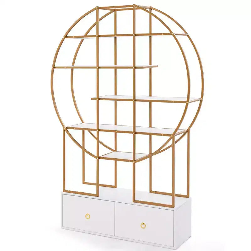 Costway 71 Tall Metal Bookcase 6-Tier Gold Bookshelf w/ 2 Storage Drawers Home Office