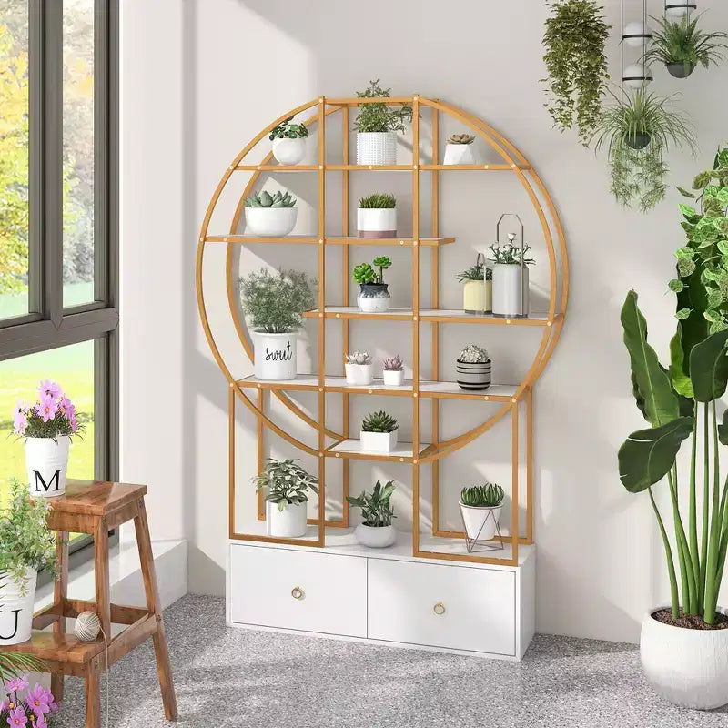 Costway 71 Tall Metal Bookcase 6-Tier Gold Bookshelf w/ 2 Storage Drawers Home Office