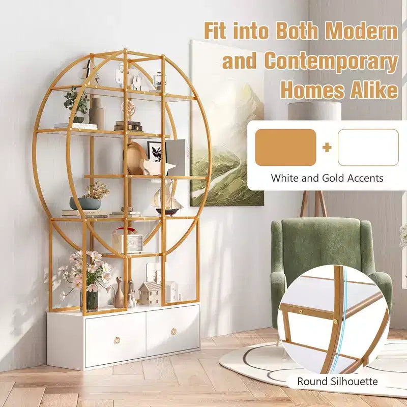 Costway 71 Tall Metal Bookcase 6-Tier Gold Bookshelf w/ 2 Storage Drawers Home Office