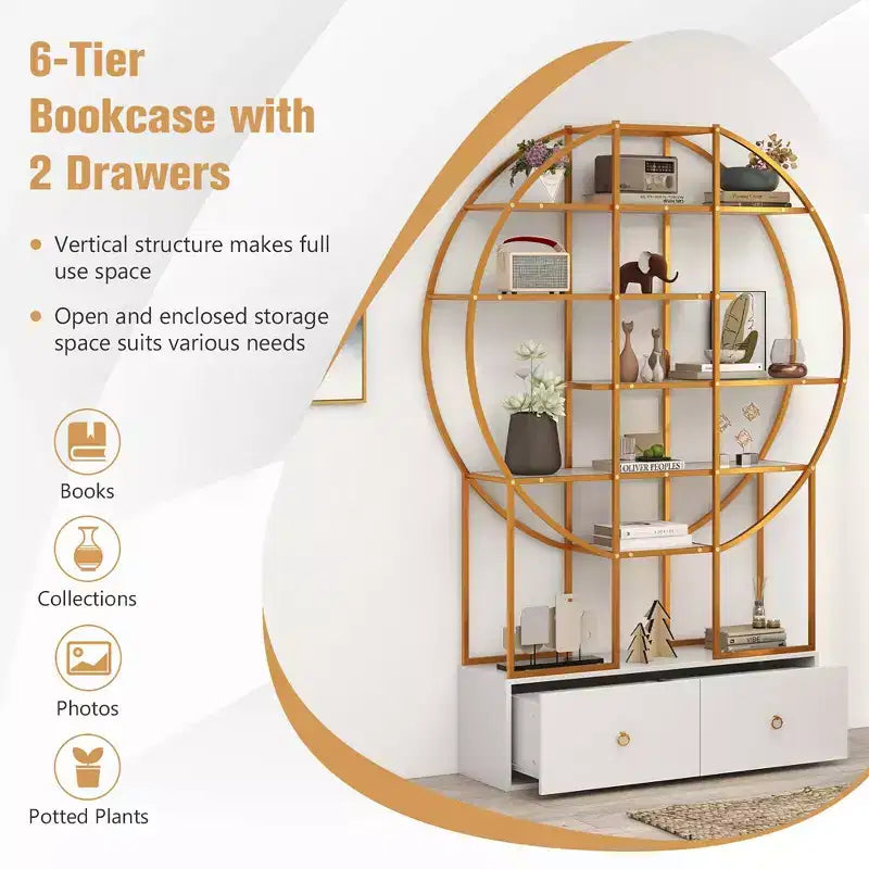 Costway 71 Tall Metal Bookcase 6-Tier Gold Bookshelf w/ 2 Storage Drawers Home Office