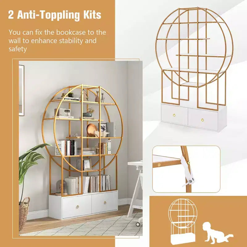 Costway 71 Tall Metal Bookcase 6-Tier Gold Bookshelf w/ 2 Storage Drawers Home Office