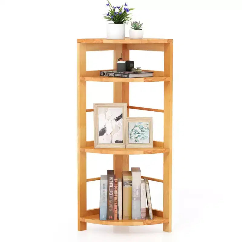 Costway 4-Tier Corner Shelf w/ Rubber Wood Frame Anti-Toppling Kit Home Office Natural