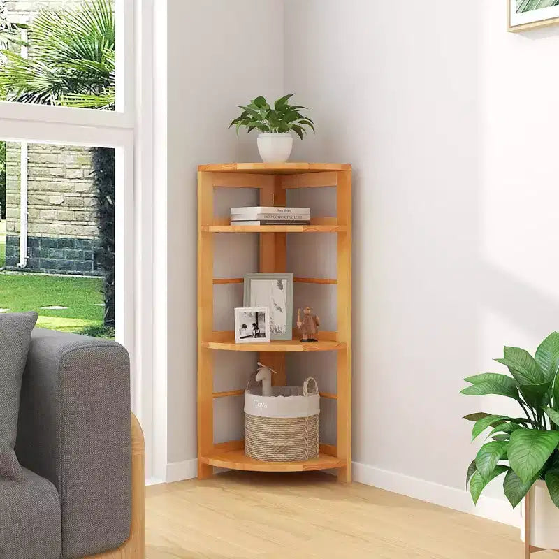 Étagère d'angle à 4 niveaux Costway avec cadre en bois de caoutchouc, kit anti-basculement, maison/bureau, couleur naturelle