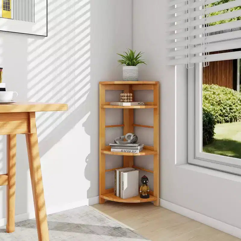 Étagère d'angle à 4 niveaux Costway avec cadre en bois de caoutchouc, kit anti-basculement, maison/bureau, couleur naturelle