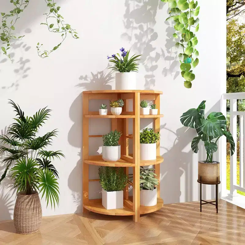 Étagère d'angle à 4 niveaux Costway avec cadre en bois de caoutchouc, kit anti-basculement, maison/bureau, couleur naturelle