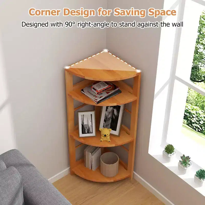 Étagère d'angle à 4 niveaux Costway avec cadre en bois de caoutchouc, kit anti-basculement, maison/bureau, couleur naturelle
