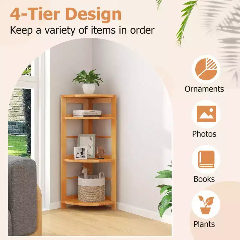 Étagère d'angle à 4 niveaux Costway avec cadre en bois de caoutchouc, kit anti-basculement, maison/bureau, couleur naturelle
