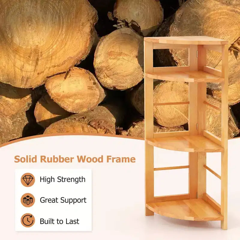 Étagère d'angle à 4 niveaux Costway avec cadre en bois de caoutchouc, kit anti-basculement, maison/bureau, couleur naturelle