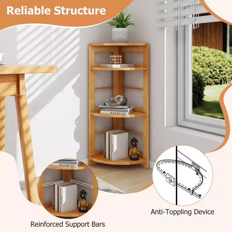 Étagère d'angle à 4 niveaux Costway avec cadre en bois de caoutchouc, kit anti-basculement, maison/bureau, couleur naturelle