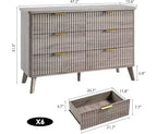 Commode à 6 tiroirs pour chambre à coucher, commodes larges avec profil incurvé, tiroirs en bois cannelé avec poignée dorée, commode au design épaissi