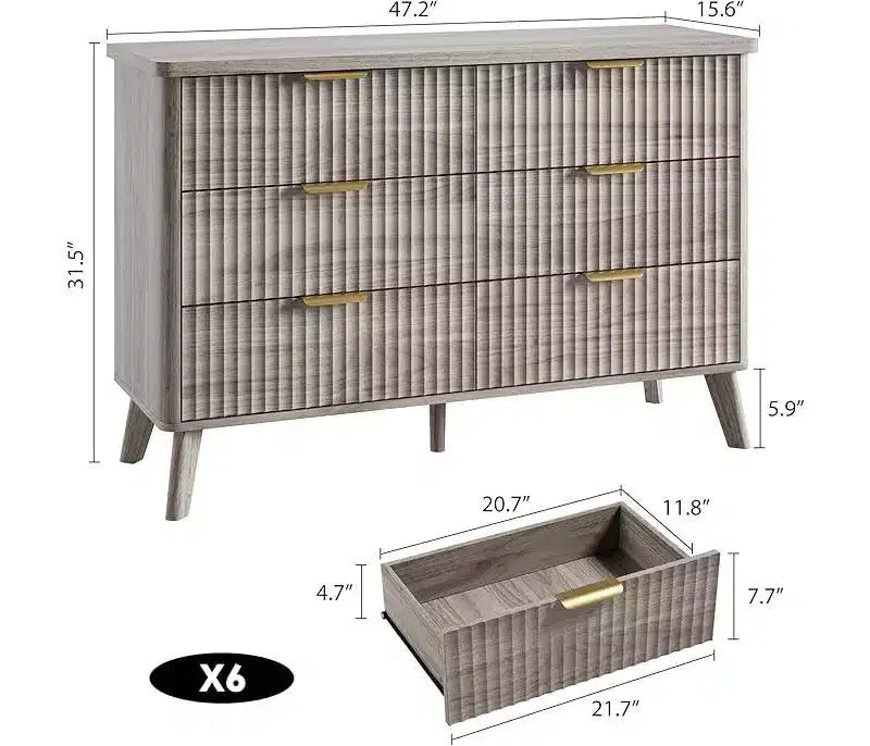 Commode à 6 tiroirs pour chambre à coucher, commodes larges avec profil incurvé, tiroirs en bois cannelé avec poignée dorée, commode au design épaissi