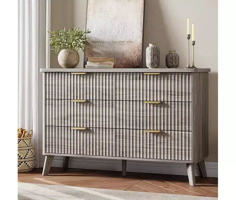 Commode à 6 tiroirs pour chambre à coucher, commodes larges avec profil incurvé, tiroirs en bois cannelé avec poignée dorée, commode au design épaissi