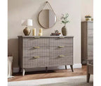 Commode à 6 tiroirs pour chambre à coucher, commodes larges avec profil incurvé, tiroirs en bois cannelé avec poignée dorée, commode au design épaissi