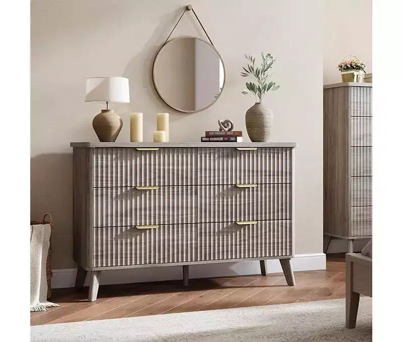 Commode à 6 tiroirs pour chambre à coucher, commodes larges avec profil incurvé, tiroirs en bois cannelé avec poignée dorée, commode au design épaissi