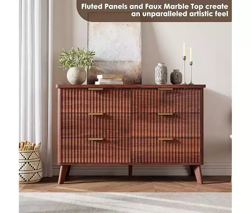 Commode à 6 tiroirs pour chambre à coucher, commodes larges avec profil incurvé, tiroirs en bois cannelé avec poignée dorée, commode au design épaissi